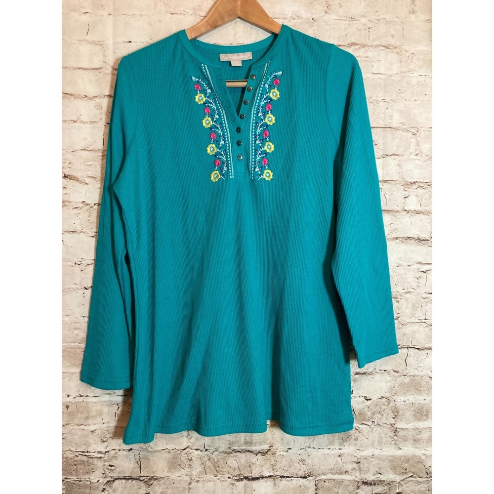 NEW Woman Within Thermal Top 14/16 Teal Blue Floral Embroidered Popover Waffle